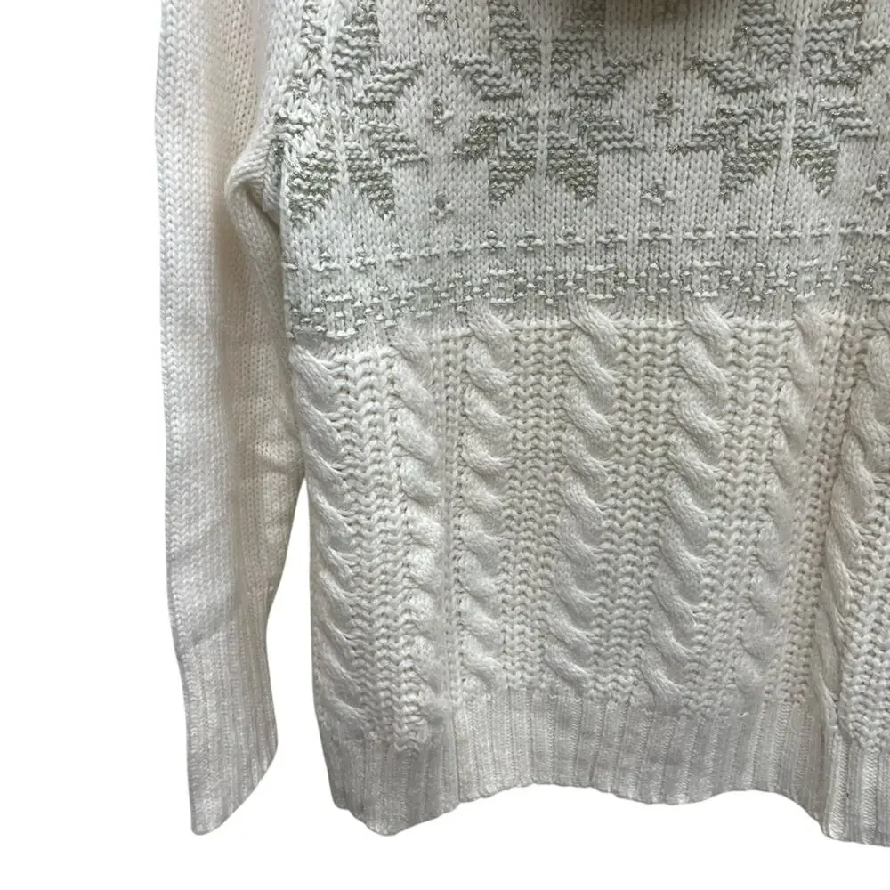 Lane Bryant Wool Blend Cowl Neck Cable Knit Sweater Metallic Snowflakes 18/20